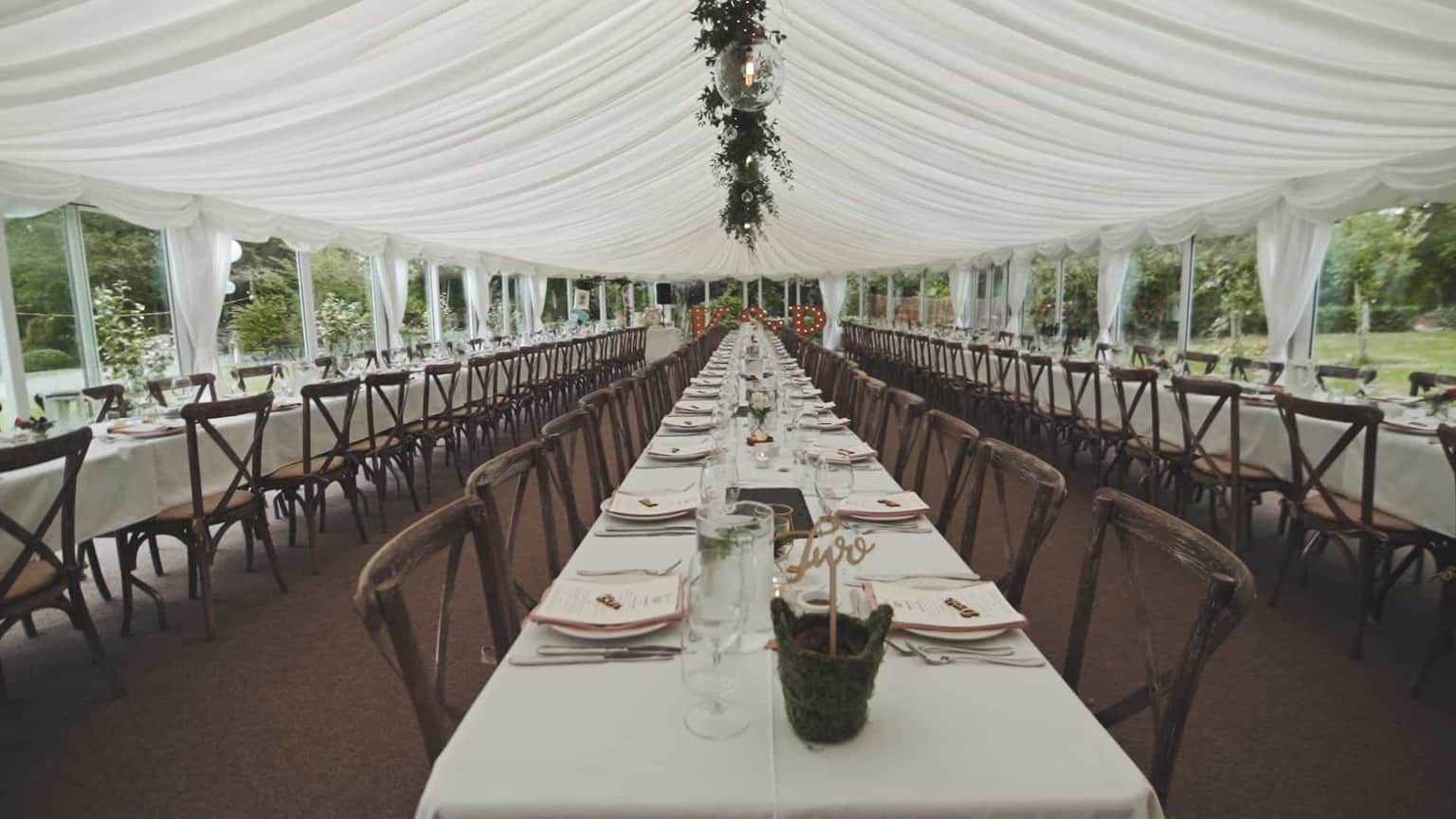 Marque view at wedding decorations before meal