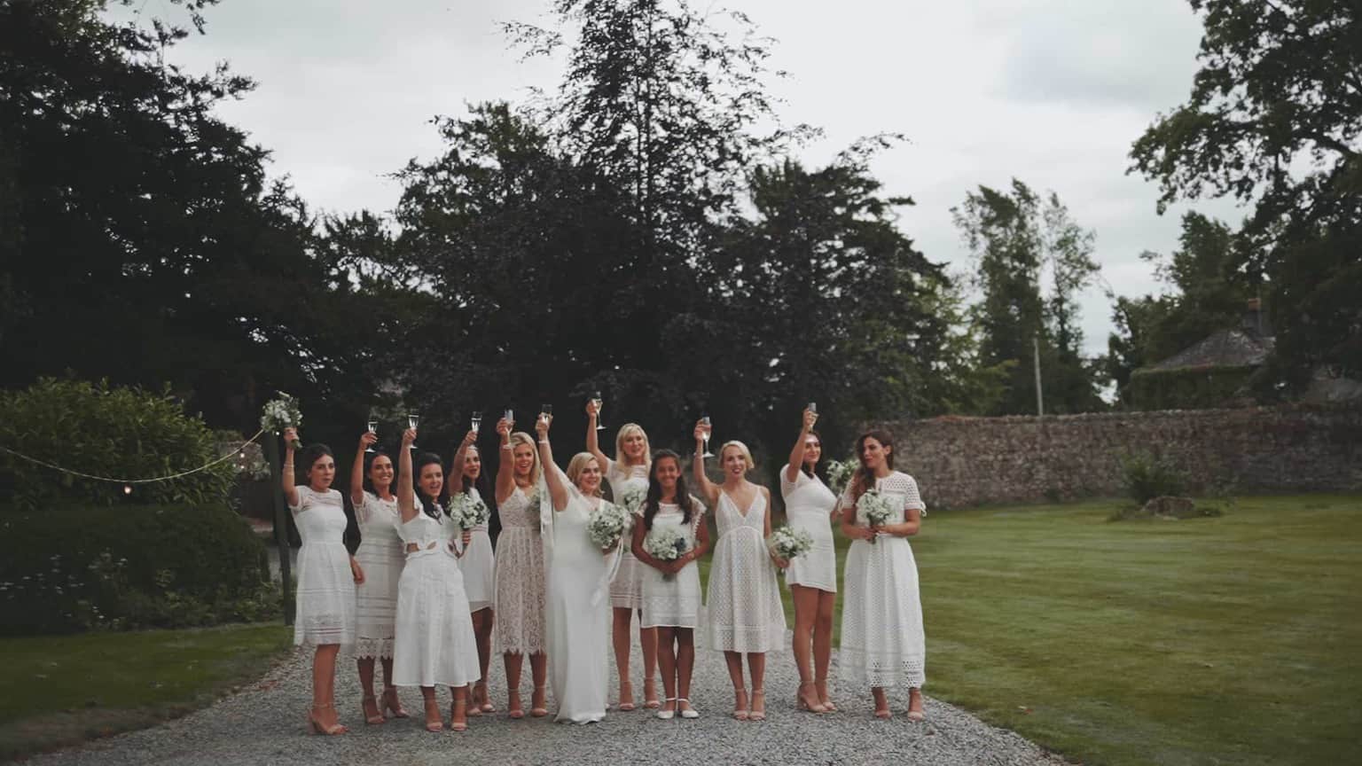 Bride with bridesmaids posing to picture