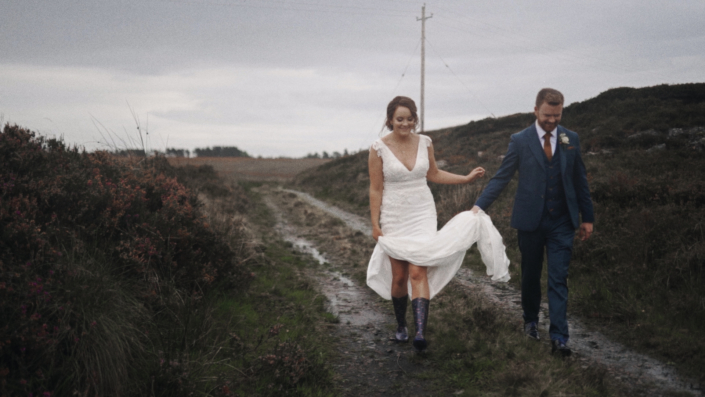 Raining weather during wedding photo session.
