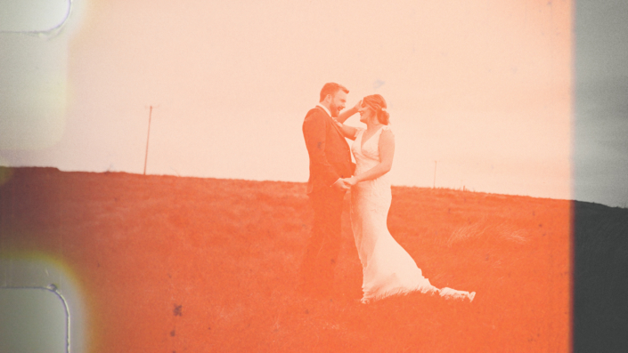 Vintage frame on Irish wedding with landscape view.