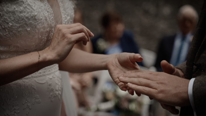 bride is putting ring