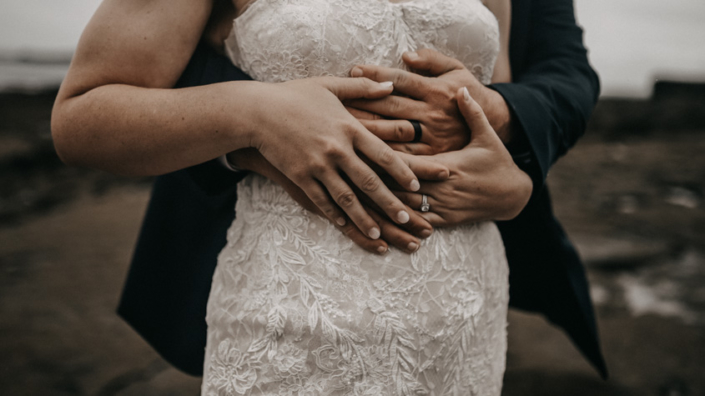 wedding rings on couple hands