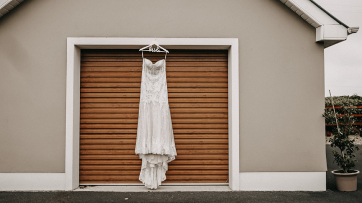 wedding dress on wood